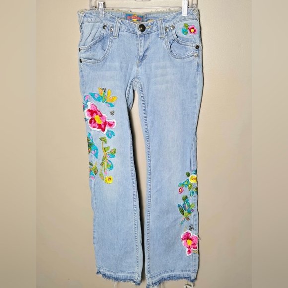 Vintage Y2K LTB Floral Eclectic Boho Embroidered Low Rise Flare Leg Jeans, Sz 9 - Picture 2 of 6